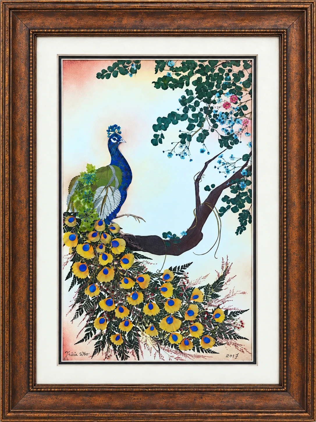 Framed botanical artwork by Tricia Woo, signed 2017, depicting a peacock composed with pressed and preserved botanical material.