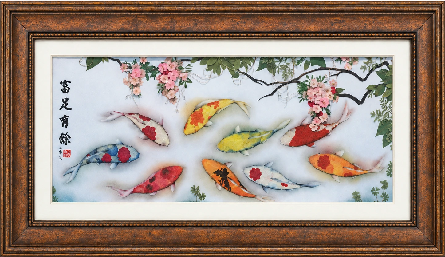 Large horizontal botanical artwork by Tricia Woo, signed 2017, depicting koi and water lilies using pressed and preserved botanical material.