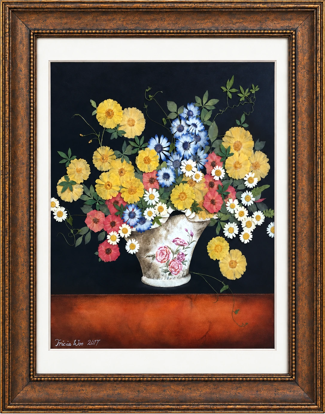 Square-on framed floral vase botanical composition by Tricia Woo, signed 2017.