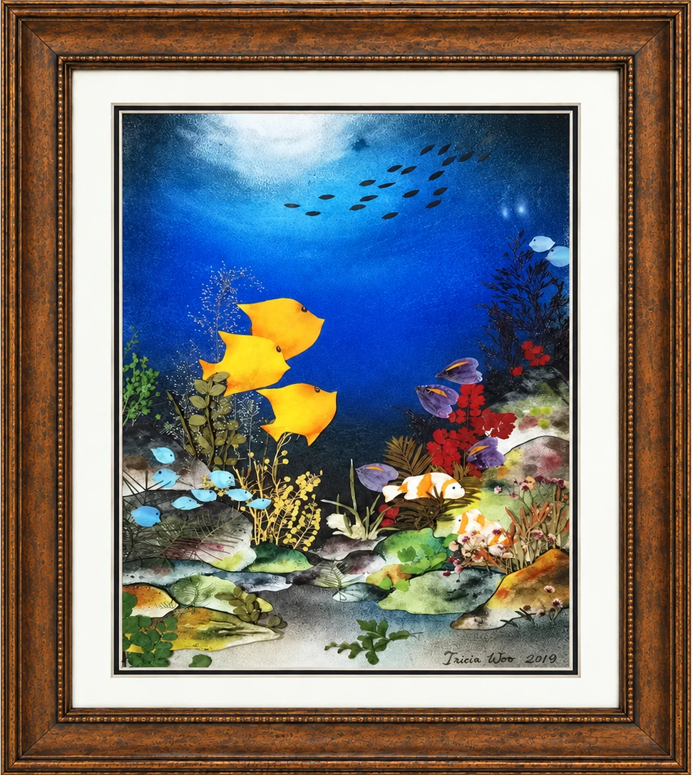 Framed botanical artwork by Tricia Woo, signed 2019, depicting an underwater scene with fish assembled from pressed and preserved botanical material.