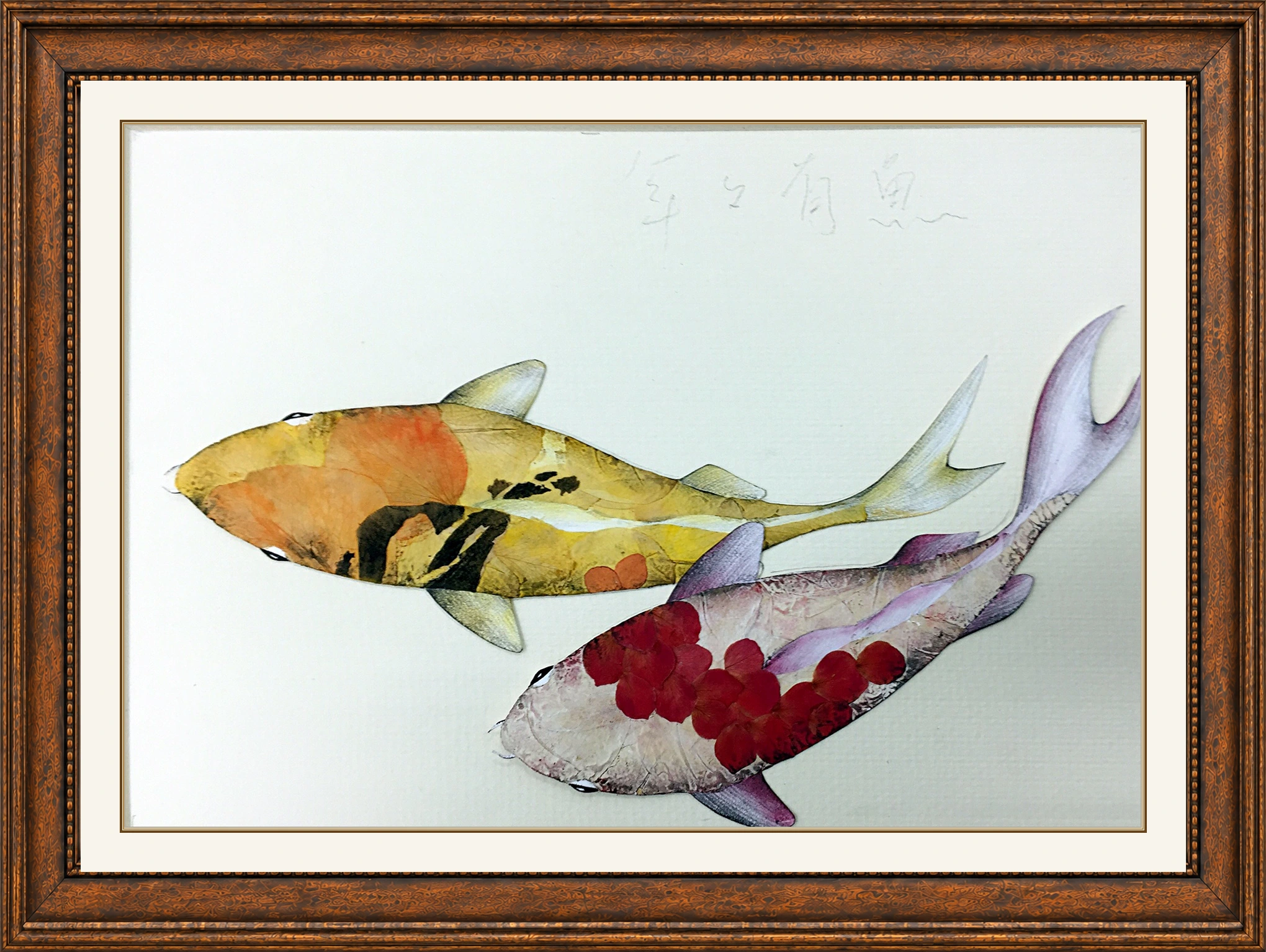 Two-koi botanical artwork by Tricia Woo, preserving its original rectangular proportions in a straight antique wooden frame.